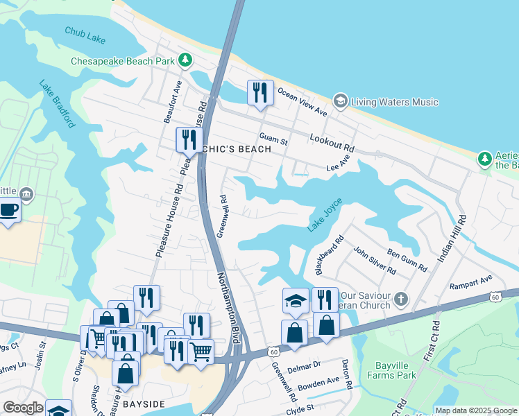 map of restaurants, bars, coffee shops, grocery stores, and more near 4512 Powells Point Road in Virginia Beach