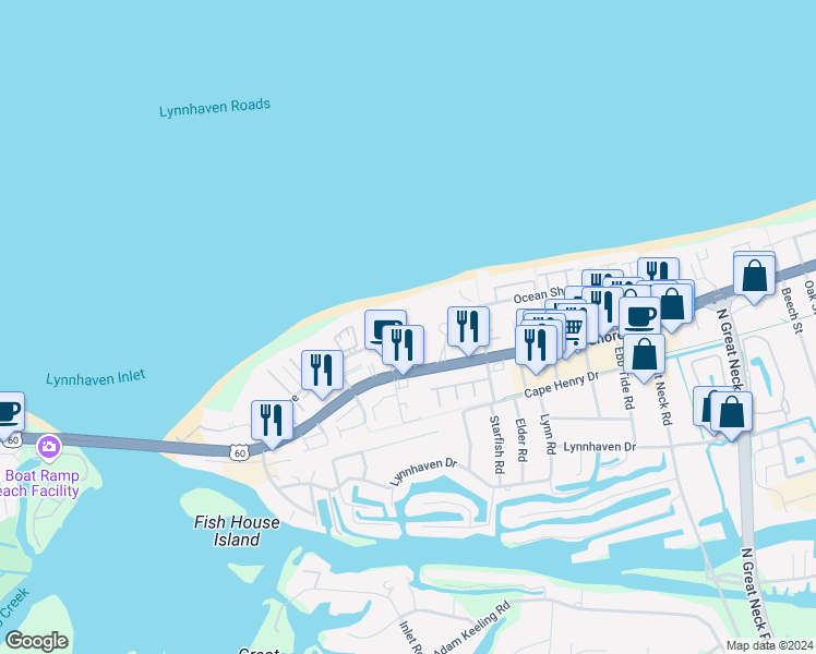 map of restaurants, bars, coffee shops, grocery stores, and more near 2304 Beach Haven Drive in Virginia Beach