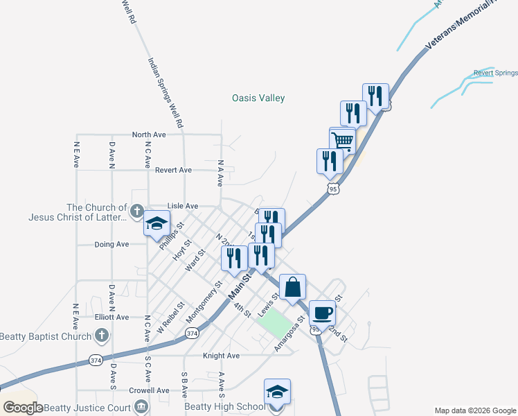 map of restaurants, bars, coffee shops, grocery stores, and more near East Reibel Street in Beatty