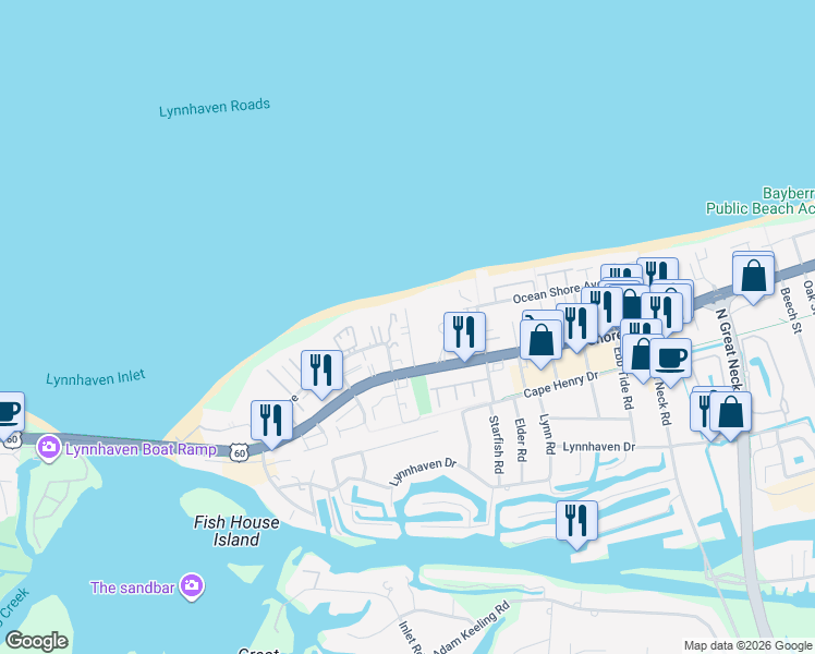 map of restaurants, bars, coffee shops, grocery stores, and more near 3100 Shore Drive in Virginia Beach