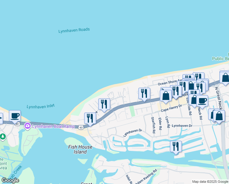 map of restaurants, bars, coffee shops, grocery stores, and more near 3232 Silver Sands Circle in Virginia Beach
