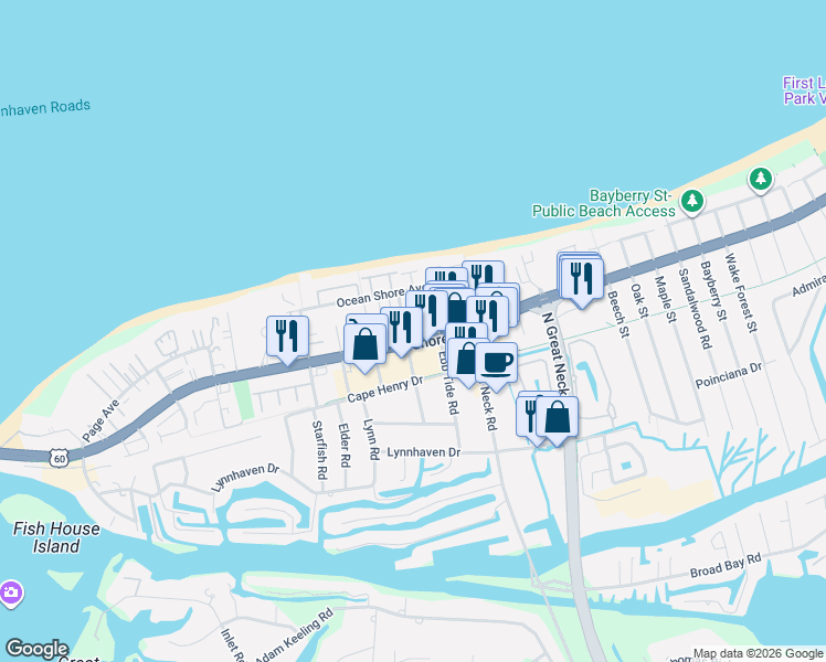 map of restaurants, bars, coffee shops, grocery stores, and more near 2329 Red Tide Road in Virginia Beach