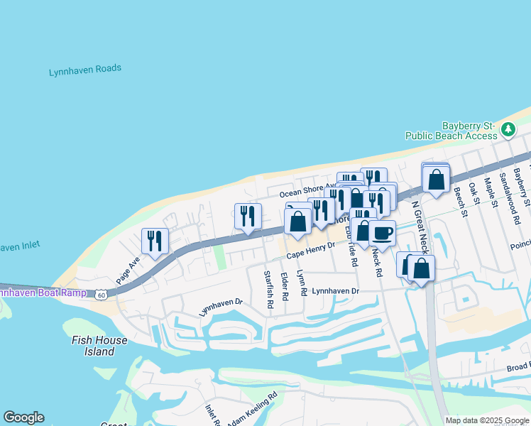 map of restaurants, bars, coffee shops, grocery stores, and more near 3001 Ocean Shore Avenue in Virginia Beach