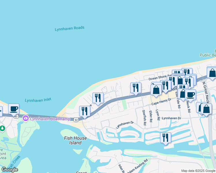 map of restaurants, bars, coffee shops, grocery stores, and more near 3224 Silver Sands Circle in Virginia Beach