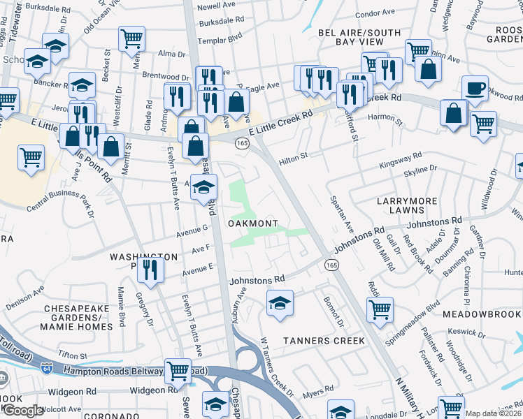 map of restaurants, bars, coffee shops, grocery stores, and more near 7443 Oakmont Drive in Norfolk