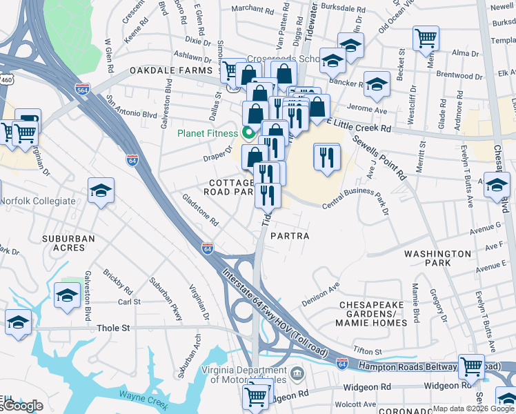 map of restaurants, bars, coffee shops, grocery stores, and more near 7478 Pennington Road in Norfolk