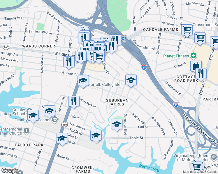 map of restaurants, bars, coffee shops, grocery stores, and more near 7417 Yorktown Drive in Norfolk