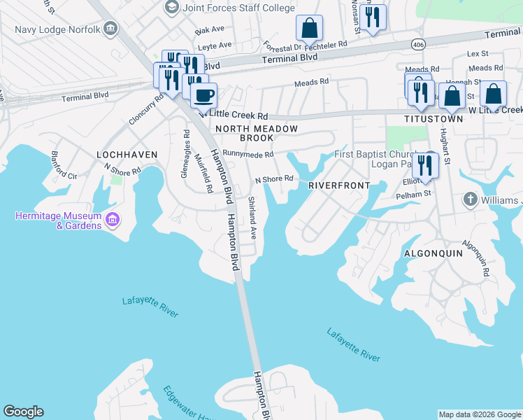 map of restaurants, bars, coffee shops, grocery stores, and more near 7301 Cortlandt Place in Norfolk