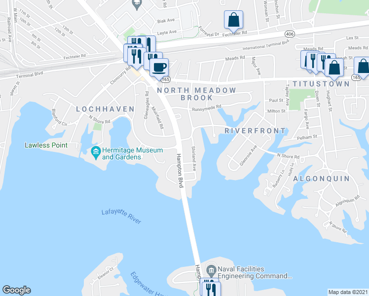 map of restaurants, bars, coffee shops, grocery stores, and more near 7337 Shirland Avenue in Norfolk