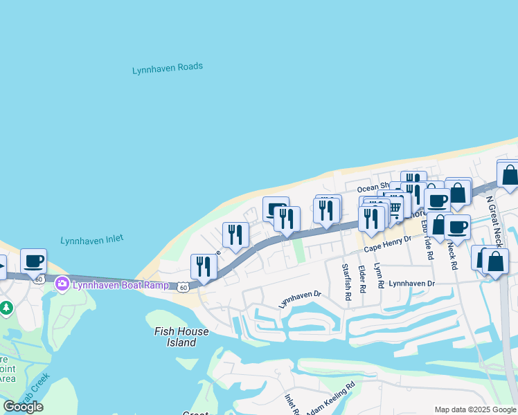 map of restaurants, bars, coffee shops, grocery stores, and more near 3232 Silver Sands Circle in Virginia Beach