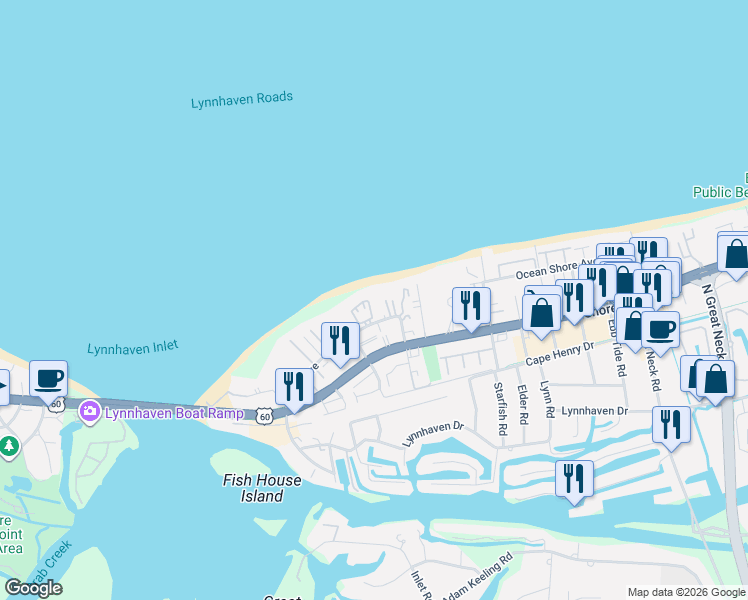 map of restaurants, bars, coffee shops, grocery stores, and more near 3232 Silver Sands Circle in Virginia Beach