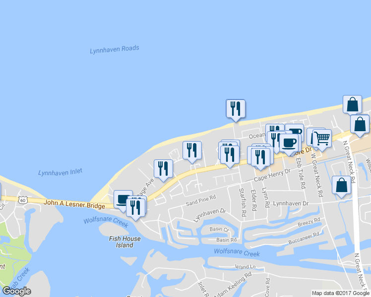 map of restaurants, bars, coffee shops, grocery stores, and more near 2315 Beach Castle Lane in Virginia Beach