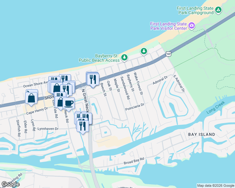 map of restaurants, bars, coffee shops, grocery stores, and more near 2244 Maple Street in Virginia Beach