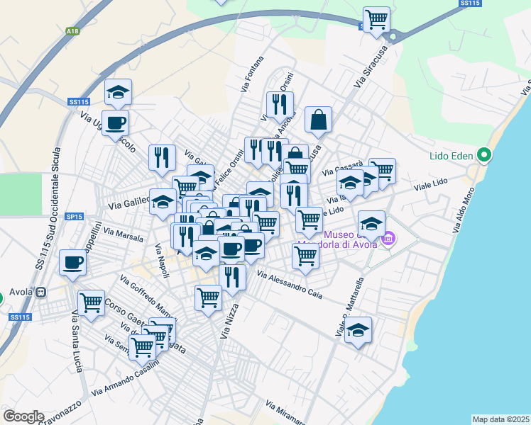 map of restaurants, bars, coffee shops, grocery stores, and more near 88 Via Olindo Guerrini in Avola