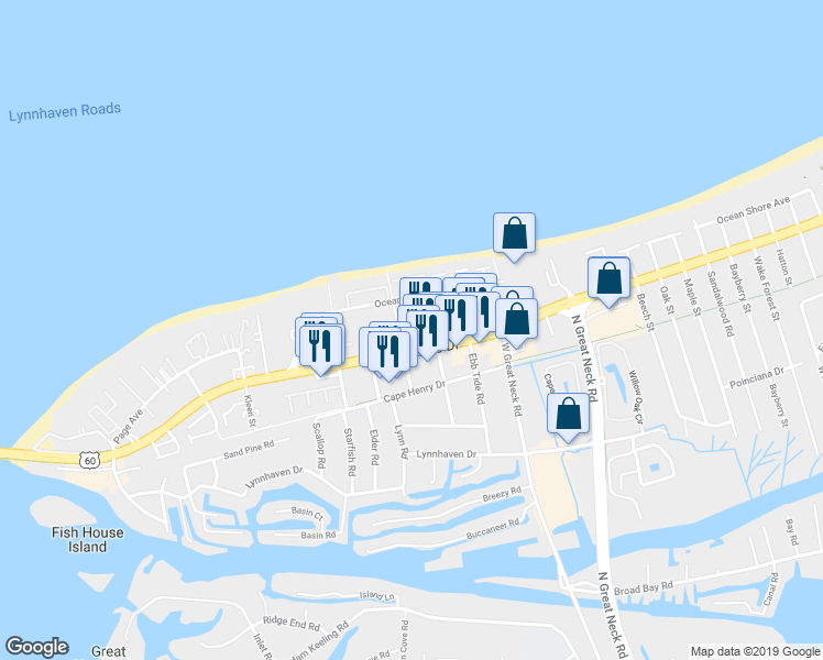map of restaurants, bars, coffee shops, grocery stores, and more near 2302 Merry Oaks Court in Virginia Beach