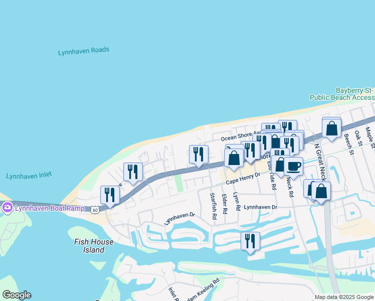 map of restaurants, bars, coffee shops, grocery stores, and more near 3100 Shore Drive in Virginia Beach