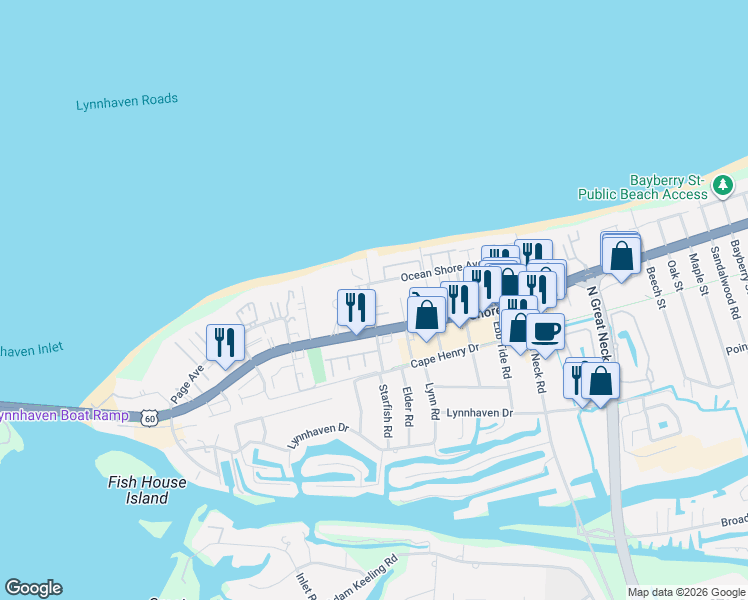 map of restaurants, bars, coffee shops, grocery stores, and more near 3001 Ocean Shore Avenue in Virginia Beach