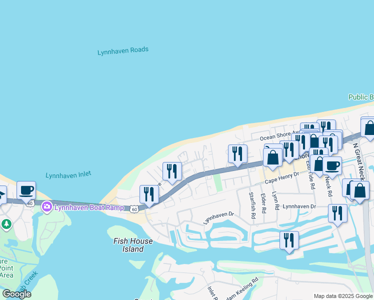 map of restaurants, bars, coffee shops, grocery stores, and more near 3224 Silver Sands Circle in Virginia Beach