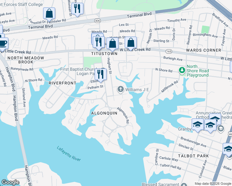 map of restaurants, bars, coffee shops, grocery stores, and more near 1035 Willingham Street in Norfolk
