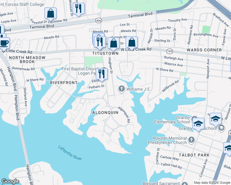 map of restaurants, bars, coffee shops, grocery stores, and more near 1035 Willingham Street in Norfolk