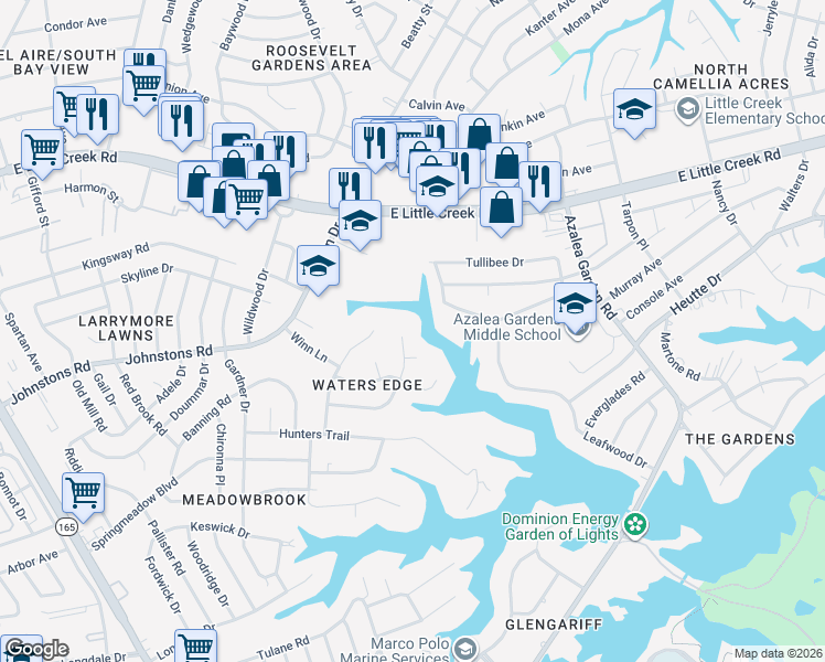 map of restaurants, bars, coffee shops, grocery stores, and more near 7130 Grayfalcon Drive in Norfolk