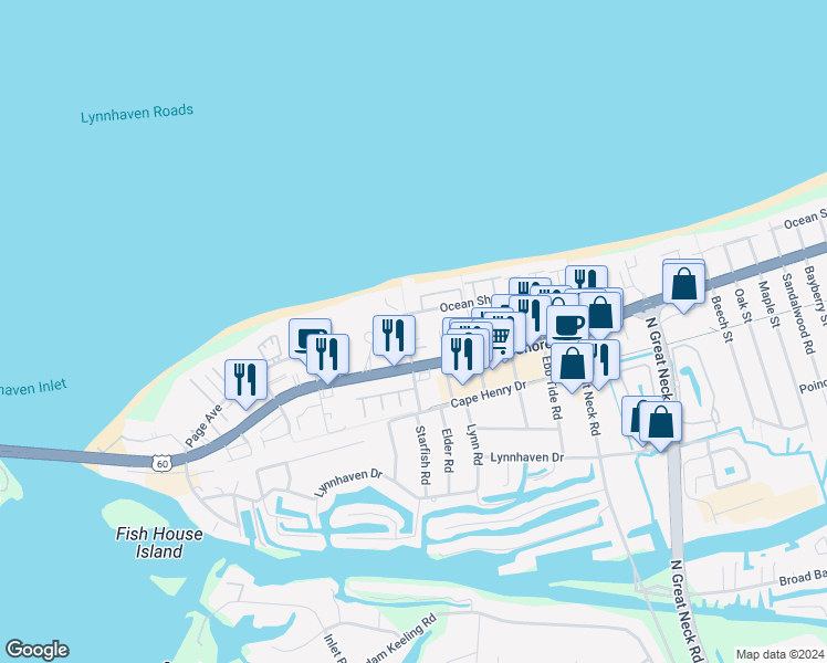 map of restaurants, bars, coffee shops, grocery stores, and more near 2324 Starfish Road in Virginia Beach