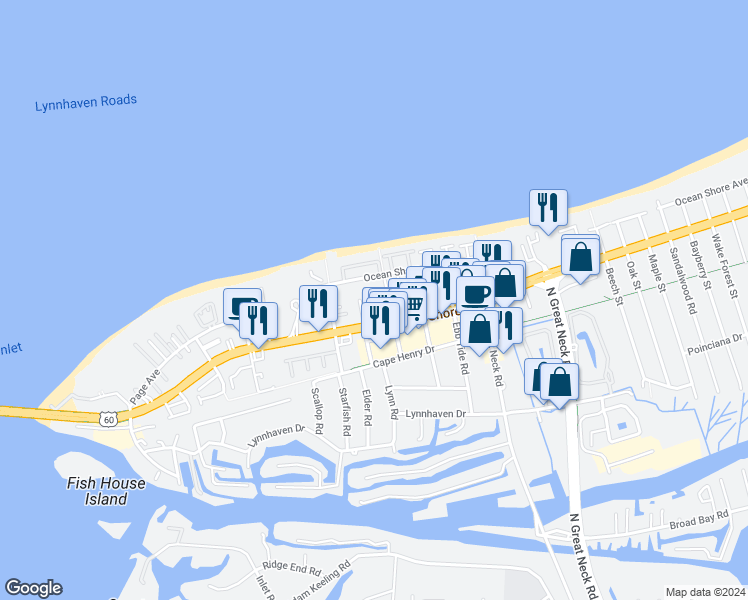 map of restaurants, bars, coffee shops, grocery stores, and more near 2904 Brighton Beach Place in Virginia Beach