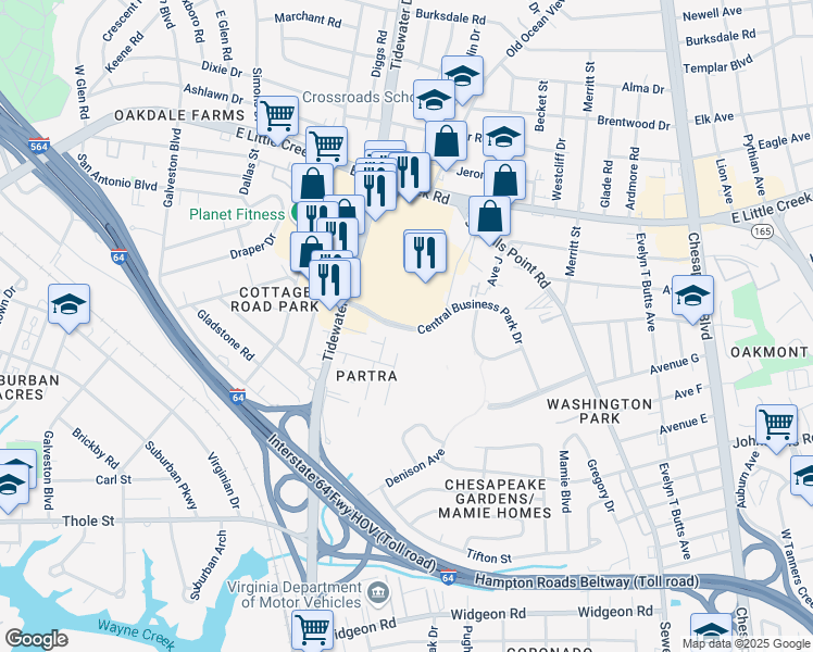 map of restaurants, bars, coffee shops, grocery stores, and more near 7496 Central Business Park Drive in Norfolk