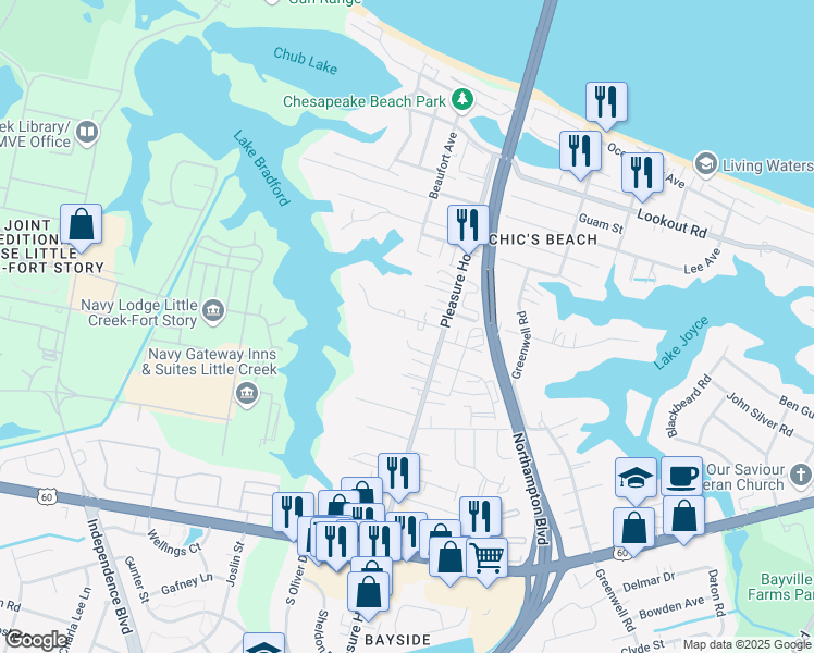map of restaurants, bars, coffee shops, grocery stores, and more near 2315 Brigadoon Court in Virginia Beach