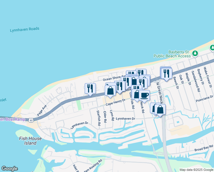 map of restaurants, bars, coffee shops, grocery stores, and more near 2900 Brighton Beach Place in Virginia Beach