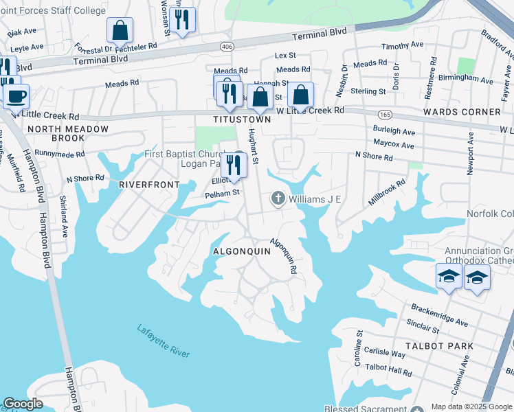 map of restaurants, bars, coffee shops, grocery stores, and more near 7435 Hughart Street in Norfolk