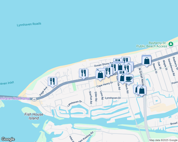 map of restaurants, bars, coffee shops, grocery stores, and more near 2324 Starfish Road in Virginia Beach