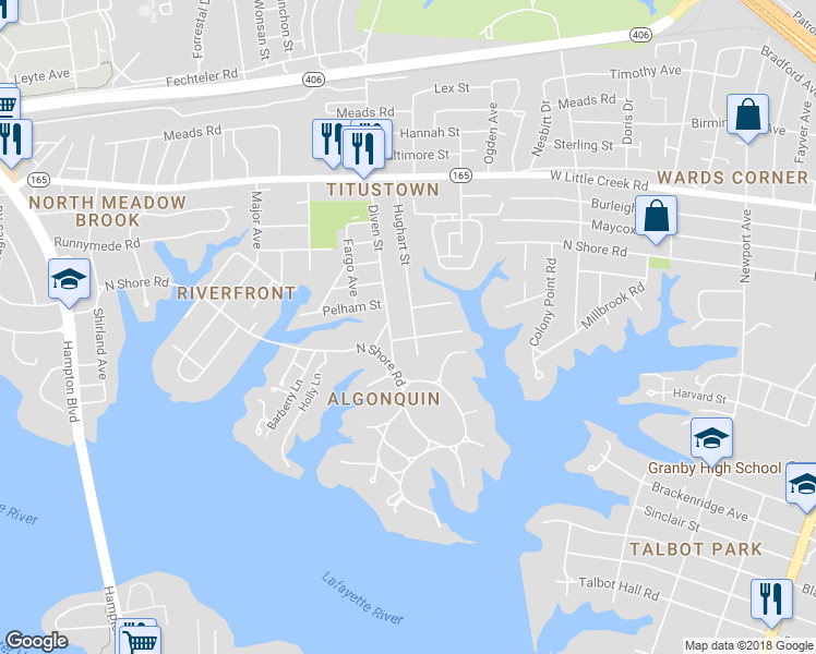 map of restaurants, bars, coffee shops, grocery stores, and more near 7435 Hughart Street in Norfolk
