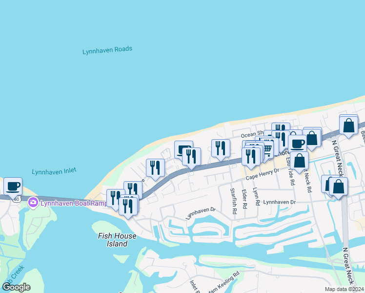 map of restaurants, bars, coffee shops, grocery stores, and more near 2317 Shore Sands Court in Virginia Beach