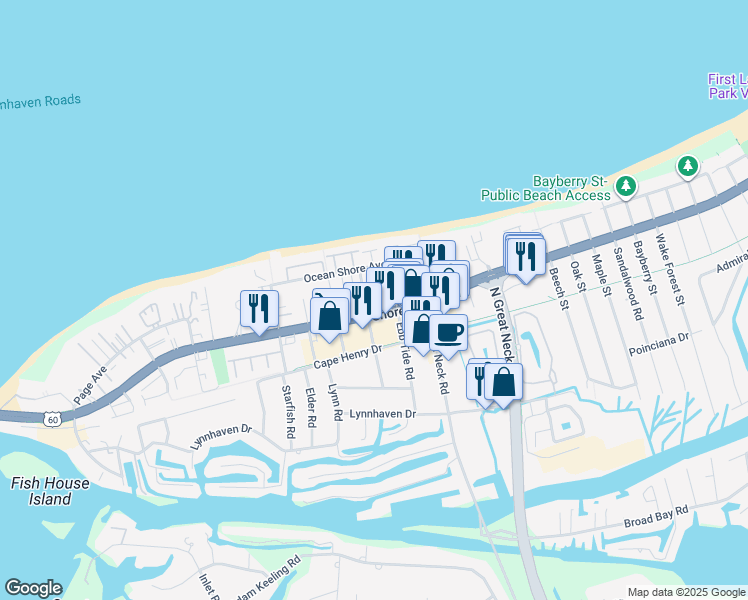 map of restaurants, bars, coffee shops, grocery stores, and more near 2310 Red Tide Road in Virginia Beach