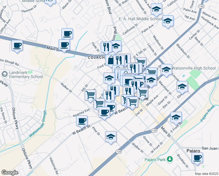 map of restaurants, bars, coffee shops, grocery stores, and more near 550 Rodriguez Street in Watsonville