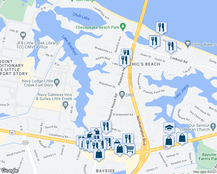 map of restaurants, bars, coffee shops, grocery stores, and more near 2315 Brigadoon Court in Virginia Beach