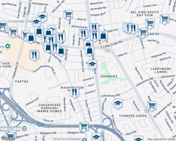 map of restaurants, bars, coffee shops, grocery stores, and more near 7435 Hooper Street in Norfolk