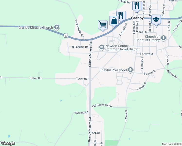 map of restaurants, bars, coffee shops, grocery stores, and more near 458-598 West Cedar Street in Granby