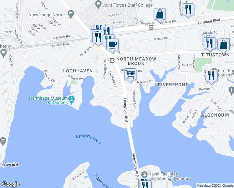 map of restaurants, bars, coffee shops, grocery stores, and more near 7420 North Shore Road in Norfolk