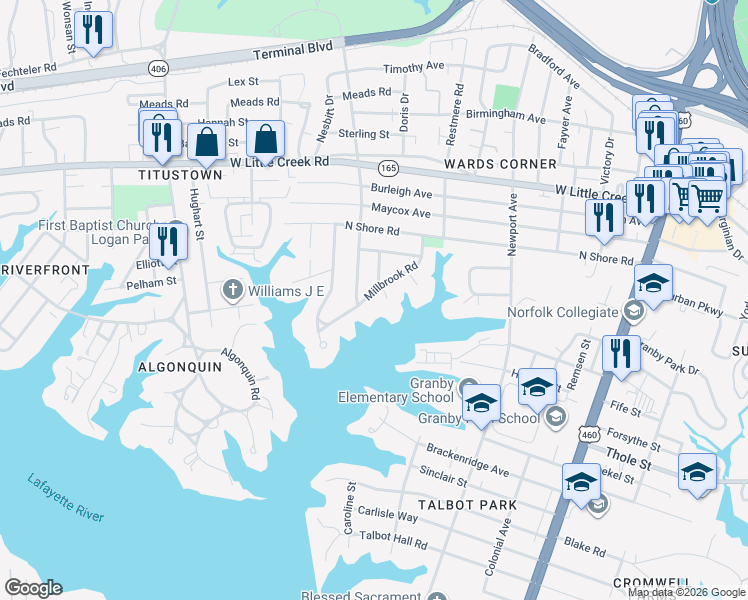 map of restaurants, bars, coffee shops, grocery stores, and more near 7342 Millbrook Road in Norfolk