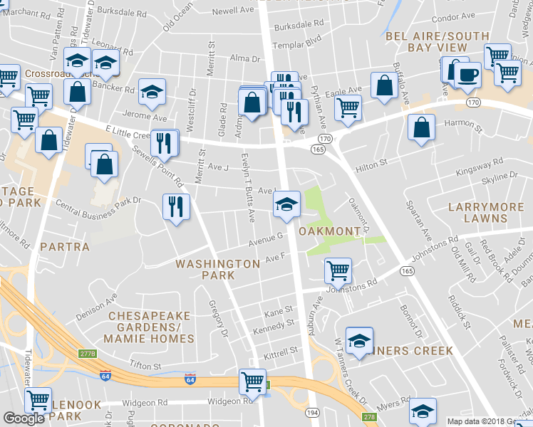 map of restaurants, bars, coffee shops, grocery stores, and more near 7435 Hooper Street in Norfolk