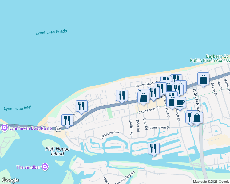 map of restaurants, bars, coffee shops, grocery stores, and more near 3100 Shore Drive in Virginia Beach
