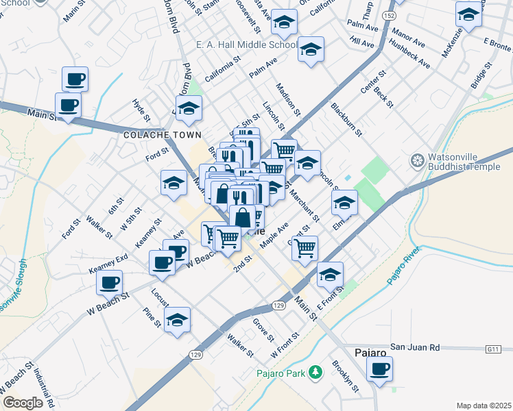 map of restaurants, bars, coffee shops, grocery stores, and more near 119 East Beach Street in Watsonville