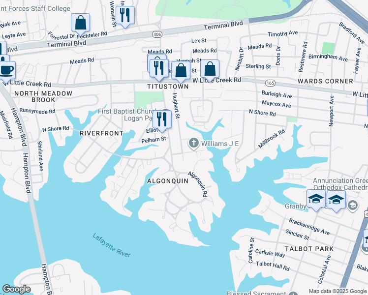 map of restaurants, bars, coffee shops, grocery stores, and more near 1035 Willingham Street in Norfolk