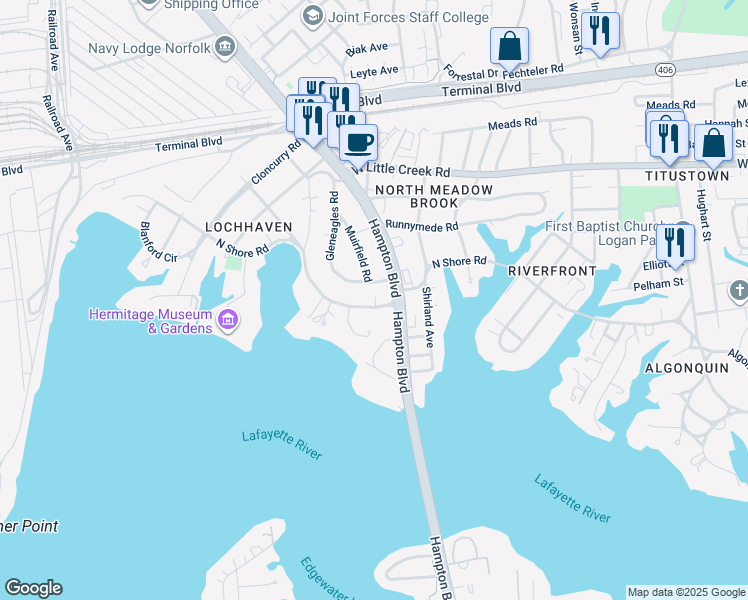 map of restaurants, bars, coffee shops, grocery stores, and more near 7420 North Shore Road in Norfolk