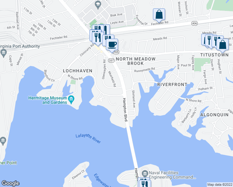 map of restaurants, bars, coffee shops, grocery stores, and more near 7409 Gleneagles Road in Norfolk
