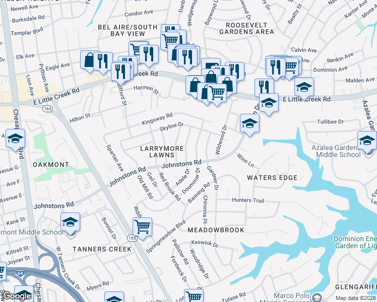 map of restaurants, bars, coffee shops, grocery stores, and more near 7412 Adele Drive in Norfolk