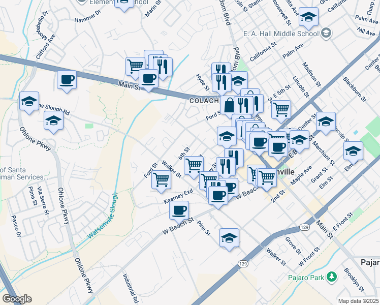 map of restaurants, bars, coffee shops, grocery stores, and more near 122 6th Street in Watsonville