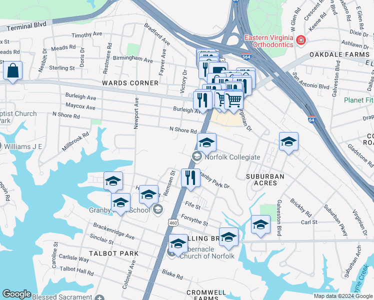 map of restaurants, bars, coffee shops, grocery stores, and more near 7328 Elvin Court in Norfolk